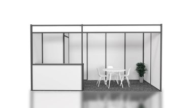 Ticaret fuarı pavyonu içinde ışıklandırması olan Booth beyaz arka planda izole edilmiş 3D görüntüleme