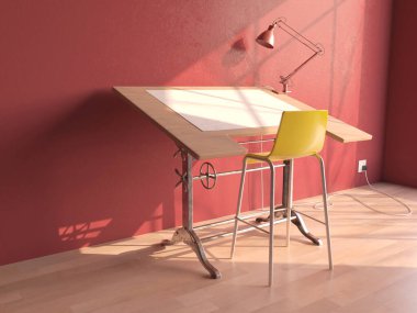 Klasik masa lambası ve gündüz vakti pembe duvarlı bir odada boş bir kağıt olan klasik bir taslak masa başı çalışma masası.