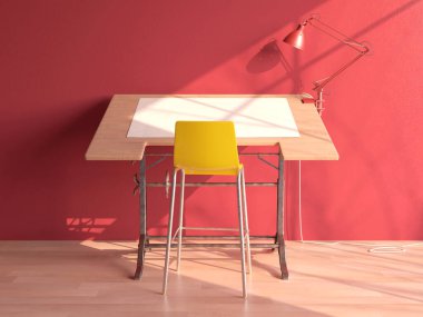 Klasik masa lambası ve gündüz vakti pembe duvarlı bir odada boş bir kağıt olan klasik bir taslak masa başı çalışma masası.