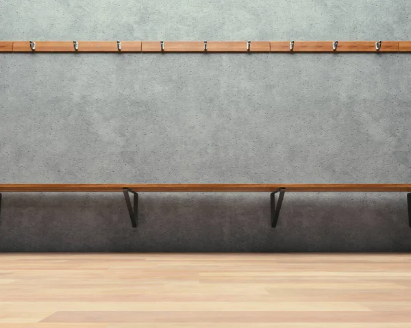 A clothes hanging rack above an empty wooden bench against a concrete wall in a locker change room - 3D render
