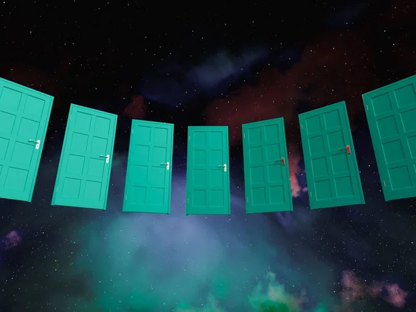 銀河星雲空間の背景に浮かぶ緑の扉のアーチ状の列 3Dレンダリング — ストック写真