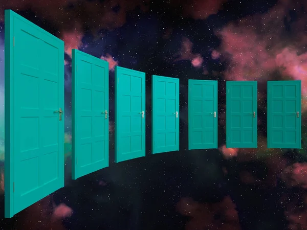 Eine Gewölbte Reihe Grüner Türen Die Auf Einem Galaxiennebel Weltraum — Stockfoto