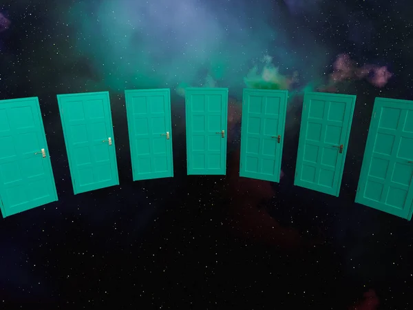 在星系星云的空间背景上漂浮着一排拱形的绿色门 3D渲染 — 图库照片