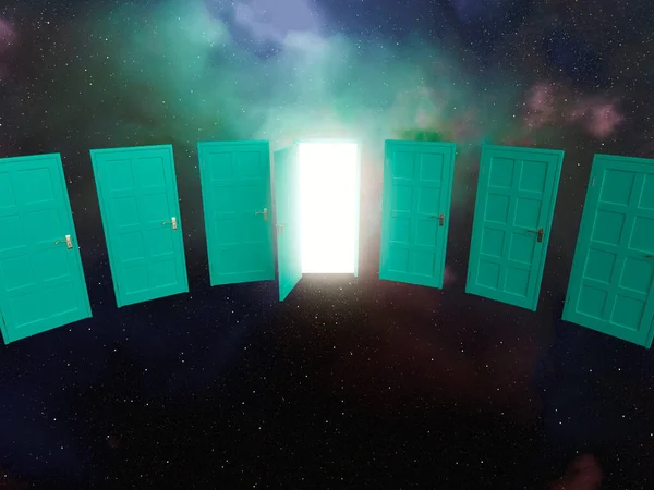 Abrir Una Puerta Iluminada Entre Una Fila Arqueada Puertas Verdes — Foto de Stock