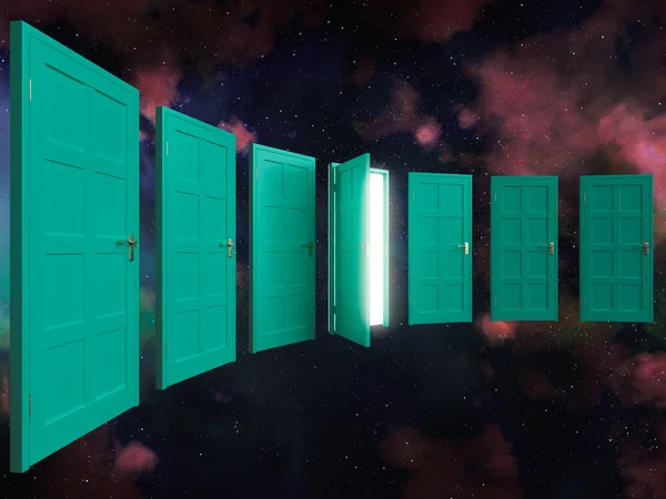 在银河系星云背景上漂浮的一排拱形绿色的门中 有一扇灯火通明的门 3D渲染 — 图库照片