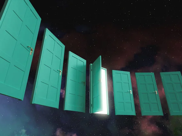 銀河の星雲空間の背景に浮かぶ閉じた緑色の扉のアーチ状の列の間に照明付きの扉を開く 3Dレンダリング — ストック写真