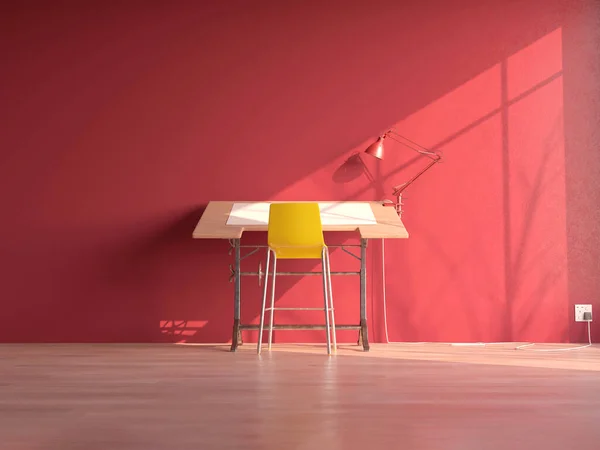 クラシックなデスクランプと日中のピンクの壁の部屋に空白の紙のシートを備えたヴィンテージのドラフトマンデスクワークステーション 3Dレンダリング — ストック写真
