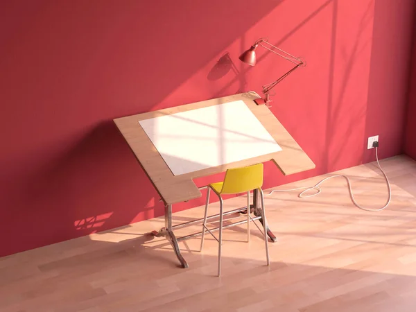 クラシックなデスクランプと日中のピンクの壁の部屋に空白の紙のシートを備えたヴィンテージのドラフトマンデスクワークステーション 3Dレンダリング — ストック写真