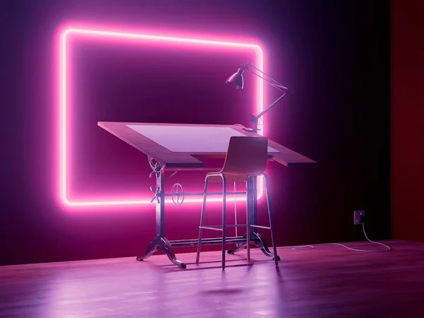 Aydınlatılmış Pembe Neon Işıkla Çerçevelenmiş Karanlıkta Çalışan Klasik Bir Taslak — Stok fotoğraf
