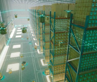 Fütüristik lojistik depolama tesisi konsepti. Otomatik uçan ve neon ışıklı robotik insansız hava araçları kullanan bir depo.