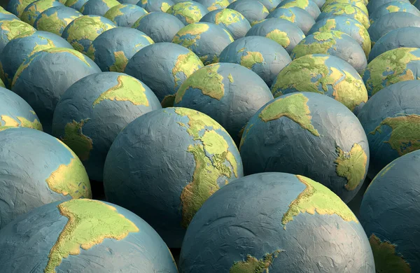 Closeup Concept Collection Earth Globes Made Rough Clay Render — Stock Photo, Image