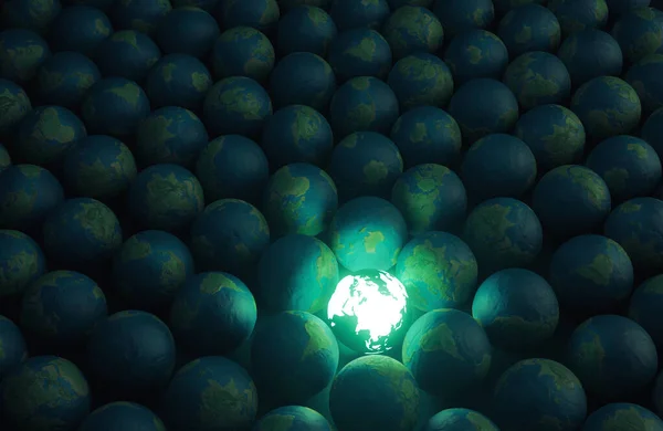Een Verlichte Neon Florescerende Aardbol Tussen Een Verzameling Saaie Aardbollen — Stockfoto