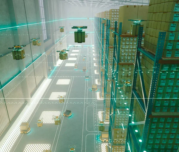 Konzept Eines Futuristischen Logistiklagers Mit Automatisierten Fliegenden Und Fahrenden Roboter — Stockfoto