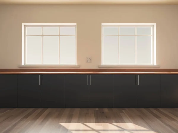 一个空的木制厨房台面的特写镜头 面对着白天朝外看的两个窗户 3D渲染 — 图库照片