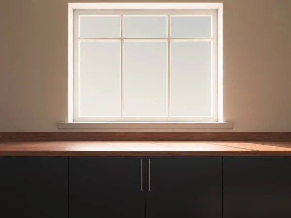 在白天面对着朝外看的倾斜窗户的一个空的木制厨房台面的特写镜头 3D渲染 — 图库照片
