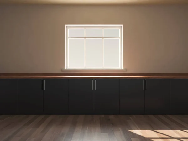 在白天面对着朝外看的倾斜窗户的一个空的木制厨房台面的特写镜头 3D渲染 — 图库照片