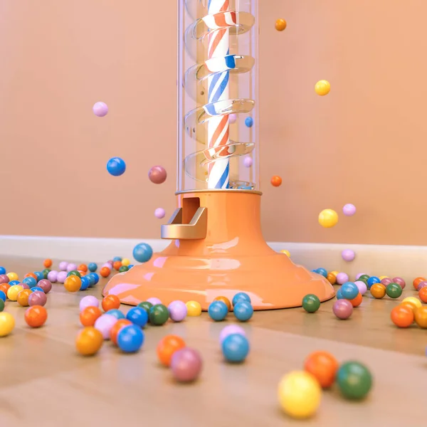 桃のヴィンテージのガムボールディスペンサーマシンは 桃の色の部屋のインテリア全体にマルチカラーのガンボールを吹き込みました 3Dレンダリング — ストック写真