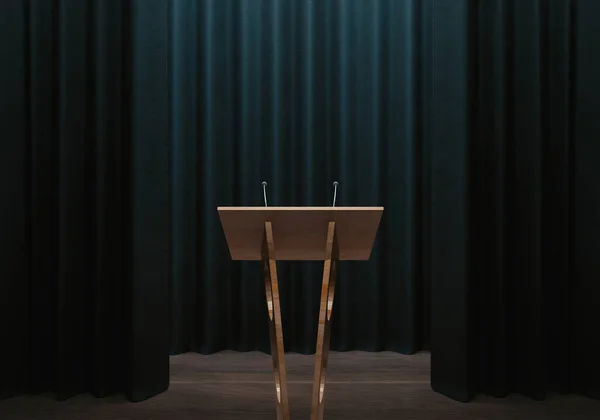 Karanlık Perde Arkasında Küçük Mikrofonları Olan Ahşap Bir Konuşma Podyumu — Stok fotoğraf
