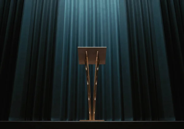 Wooden Speech Podium Small Microphones Dark Curtained Stage Background Render — Stock Photo, Image
