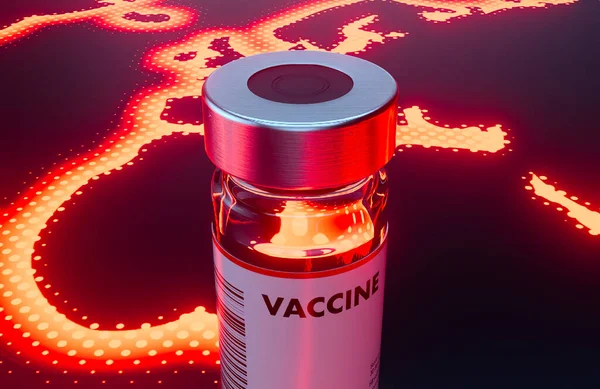 Бутылка Вакцины Отражающей Поверхности Подсвеченным Красным Контуром Карты Мира Красным — стоковое фото