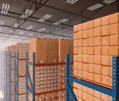 Gündüzleri rafların doldurulduğu boş bir modern lojistik depo tesisi.