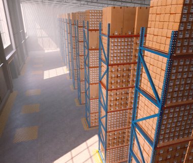 Gündüzleri rafların doldurulduğu boş bir modern lojistik depo tesisi.