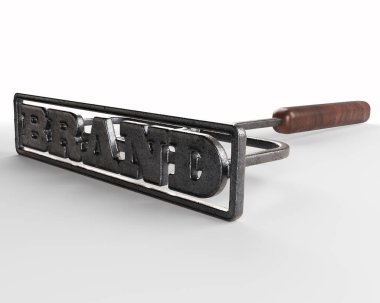 Kelime markası olarak işaretleme alanının izole bir beyaz yüzey - 3d render ile bir metal sığır marka demir