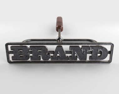Kelime markası olarak işaretleme alanının izole bir beyaz yüzey - 3d render ile bir metal sığır marka demir
