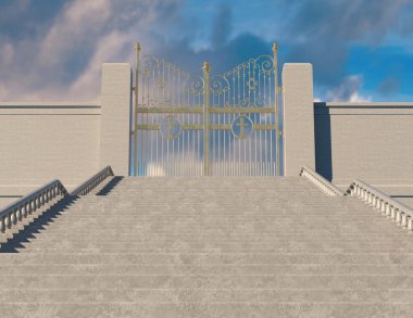 Cennetin kapalı görkemli kapılarına giden büyük bir merdiveni gösteren bir kavram. Etrafı mavi gökyüzü arkaplanıyla çevrili.