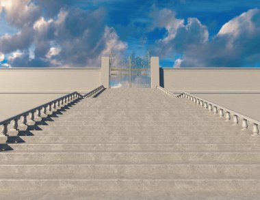 Cennetin kapalı görkemli kapılarına giden büyük bir merdiveni gösteren bir kavram. Etrafı mavi gökyüzü arkaplanıyla çevrili.