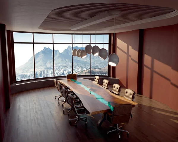 Interieur Eines Sitzungstisches Mit Lederstühlen Einem Städtischen Büro Tageslicht Render — Stockfoto