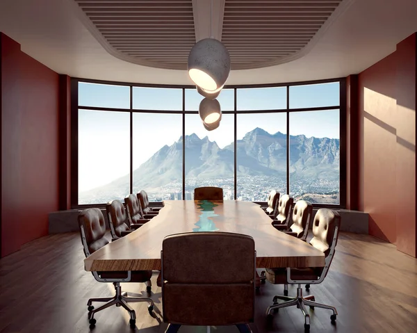 Interior Boardroom Table Surounded Leather Chairs City Office Daylight Render — Stock Photo, Image
