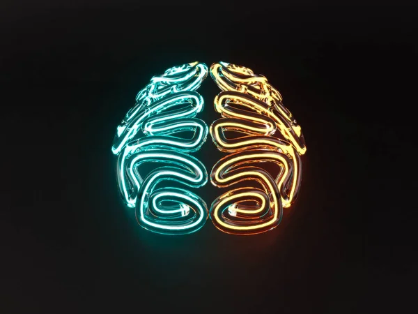 孤立した暗い背景に異なる色のネオン蛍光管によって照らされたガラス様式の脳 3Dレンダリング — ストック写真