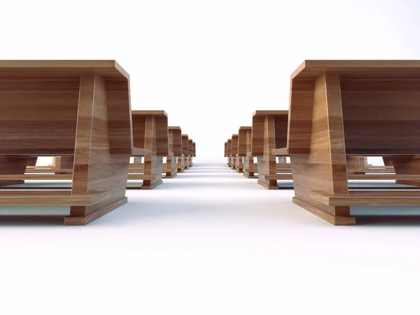 隔絶された白い背景に木製の教会の2列 3Dレンダリング — ストック写真