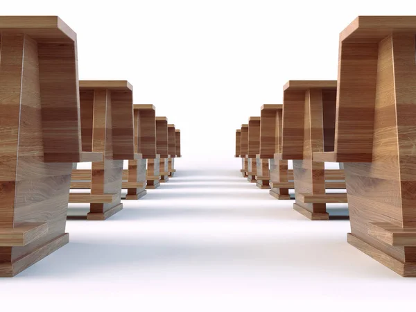 Dwa Rzędy Drewnianych Ławek Kościelnych Białym Tle Renderowanie — Zdjęcie stockowe