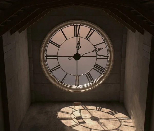 Antik Bir Kule Saatinin Arkasındaki Tavan Arası Güneş Tarafından Aydınlatılmış — Stok fotoğraf