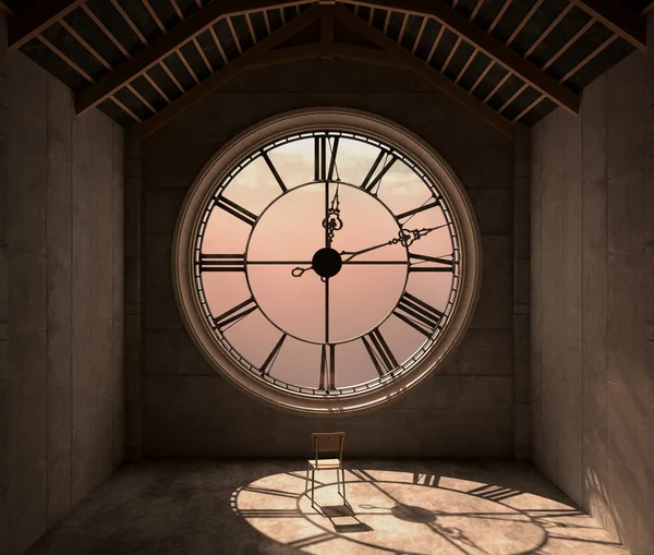 Habitación Del Ático Detrás Antiguo Reloj Torre Brillantemente Iluminado Por — Foto de Stock