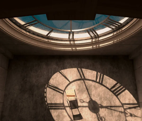 Attic Room Antique Tower Clock Brightly Illuminated Sun Revealing Empty — Stock Photo, Image