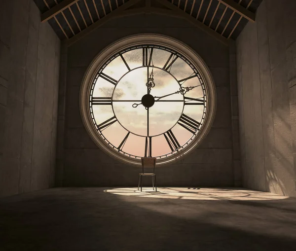 Σοφίτα Πίσω Από Ένα Ρολόι Πύργο Αντίκα Φωτίζεται Έντονα Από — Φωτογραφία Αρχείου