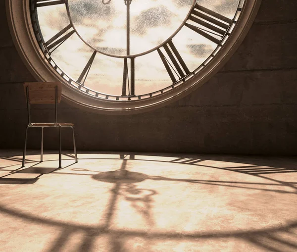 一座古塔钟楼后面的阁楼房间 阳光明亮地照着 露出一张空椅子 向外张望 3D渲染 — 图库照片