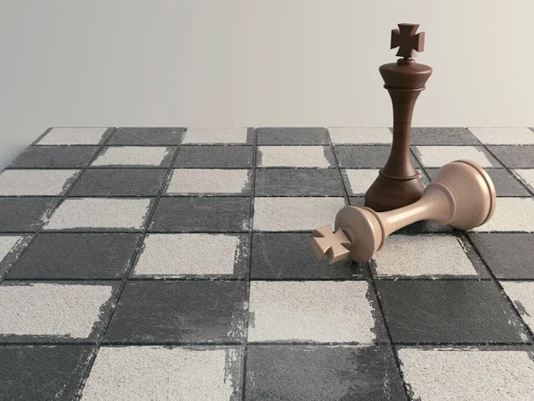 暗い木製のチェスの王が倒木の上に立っているチェスボード表面上のライトウッド王 3Dレンダリング — ストック写真