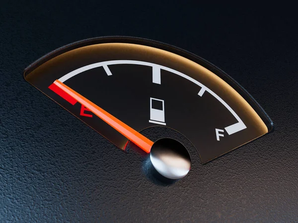 Closeup Petrol Gas Gage Showing Needle Empty Dark Reflective Background — Stock Photo, Image