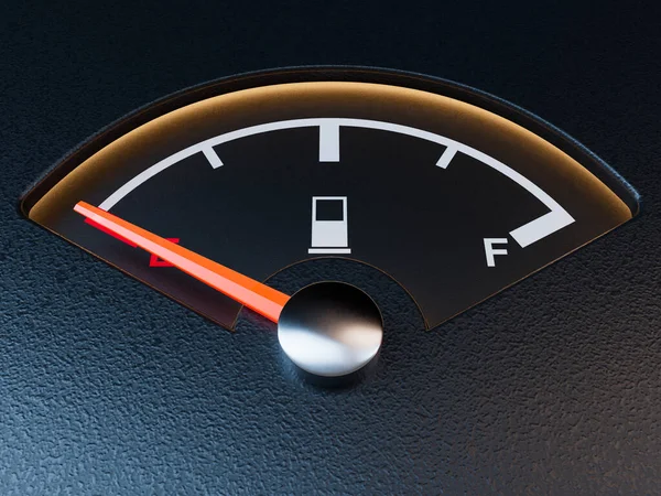 Closeup Petrol Gas Gage Showing Needle Empty Dark Reflective Background — Stock Photo, Image