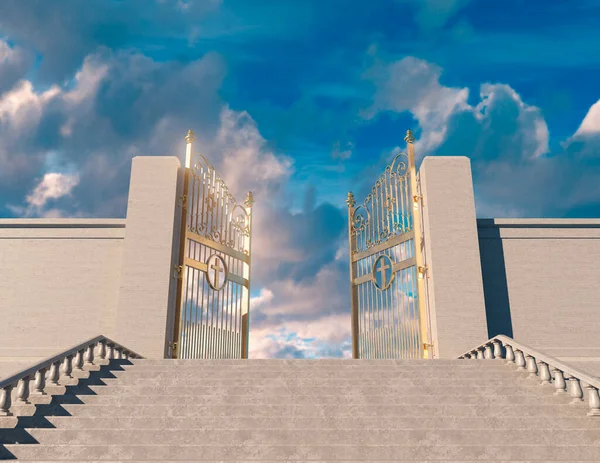 青い空の背景に囲まれた雄大な天国の真珠の門に至るまでの巨大な階段を描いたコンセプト 3Dレンダリング — ストック写真
