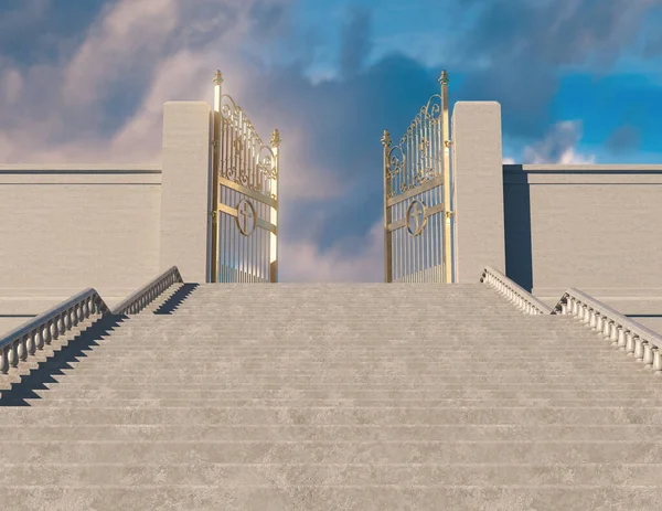 青い空の背景に囲まれた雄大な天国の真珠の門に至るまでの巨大な階段を描いたコンセプト 3Dレンダリング — ストック写真