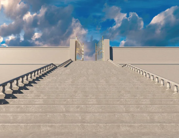 这是一个概念 描绘了一个巨大的楼梯通向空旷宏伟的天堂之门 周围环绕着蓝天背景 3D渲染 — 图库照片