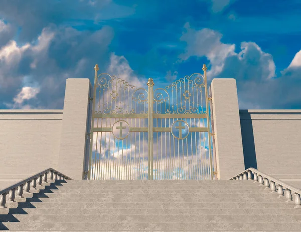 这是一个概念 描绘了一个巨大的楼梯通向被蓝天背景环绕着的那扇紧闭的宏伟的天堂之门 3D渲染 — 图库照片