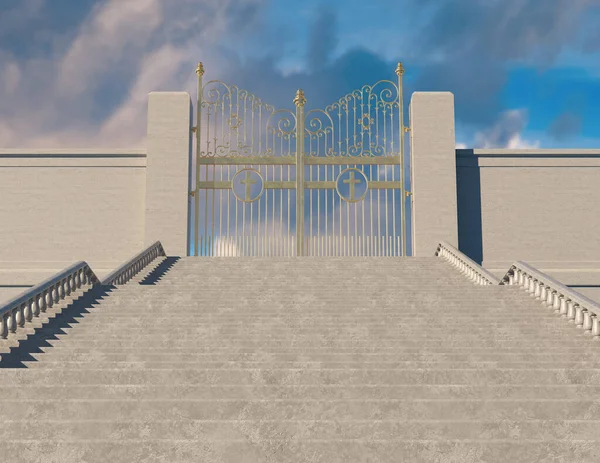 这是一个概念 描绘了一个巨大的楼梯通向被蓝天背景环绕着的那扇紧闭的宏伟的天堂之门 3D渲染 — 图库照片