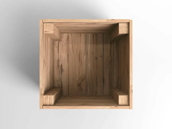 Otevřená Prázdná Dřevěná Krabice Izolovaném Bílém Pozadí Studia Vykreslení — Stock fotografie