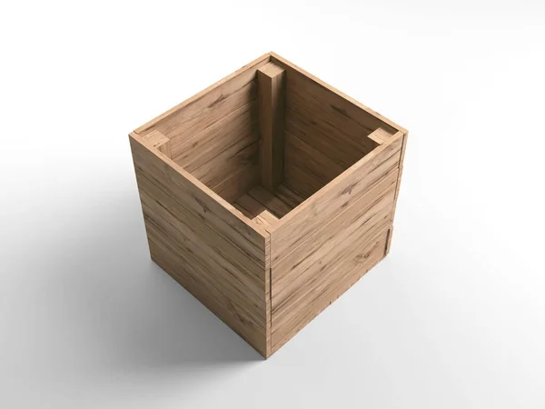 An open empty wooden box on an isolated white studio background - 3D render